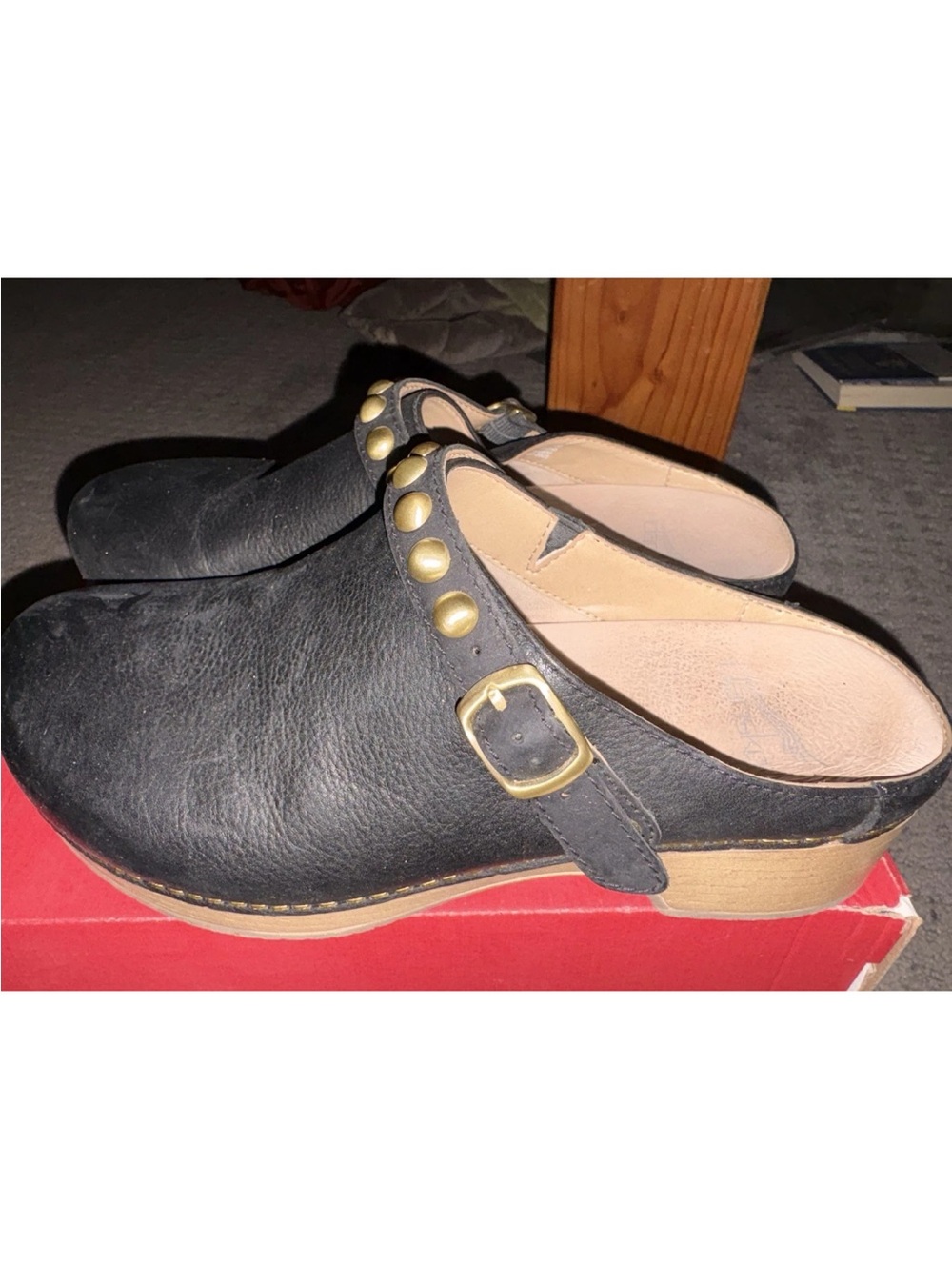Dansko Black Leather Studded Clogs with Gold Accents - Picture 3 of 5